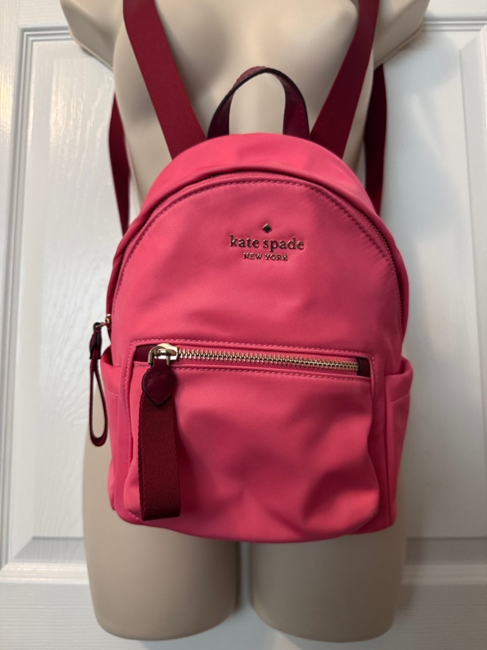 Kate Spade pink & maroon mini nylon backpack with gold hardware